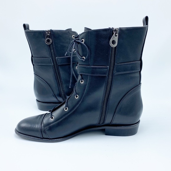 NEW Claudia Ciuti Sz 8 Black Cap Toe Lace Up w/ Zip Combat Leather Boots Booties - Picture 3 of 8